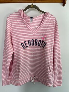 Pink & White Striped V-Neck Hoodie Sweatshirt